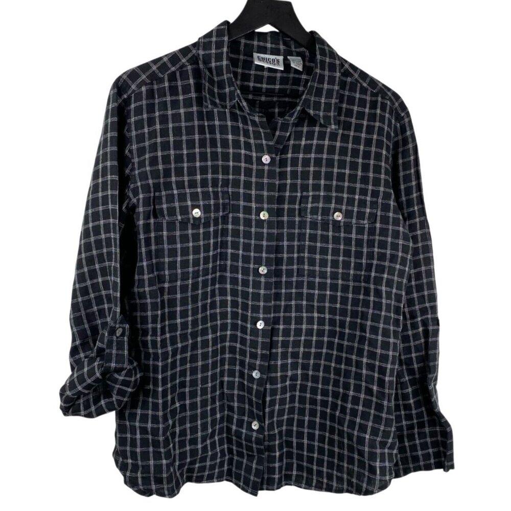Chicos's Design Top Black Sz 2/L Linen Check Button Up Roll Tab Sleeve